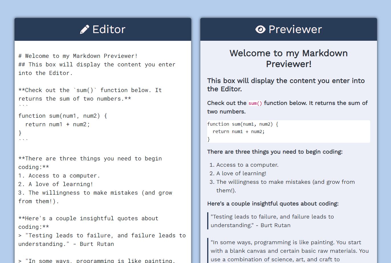 screenshot of markdown previewer website